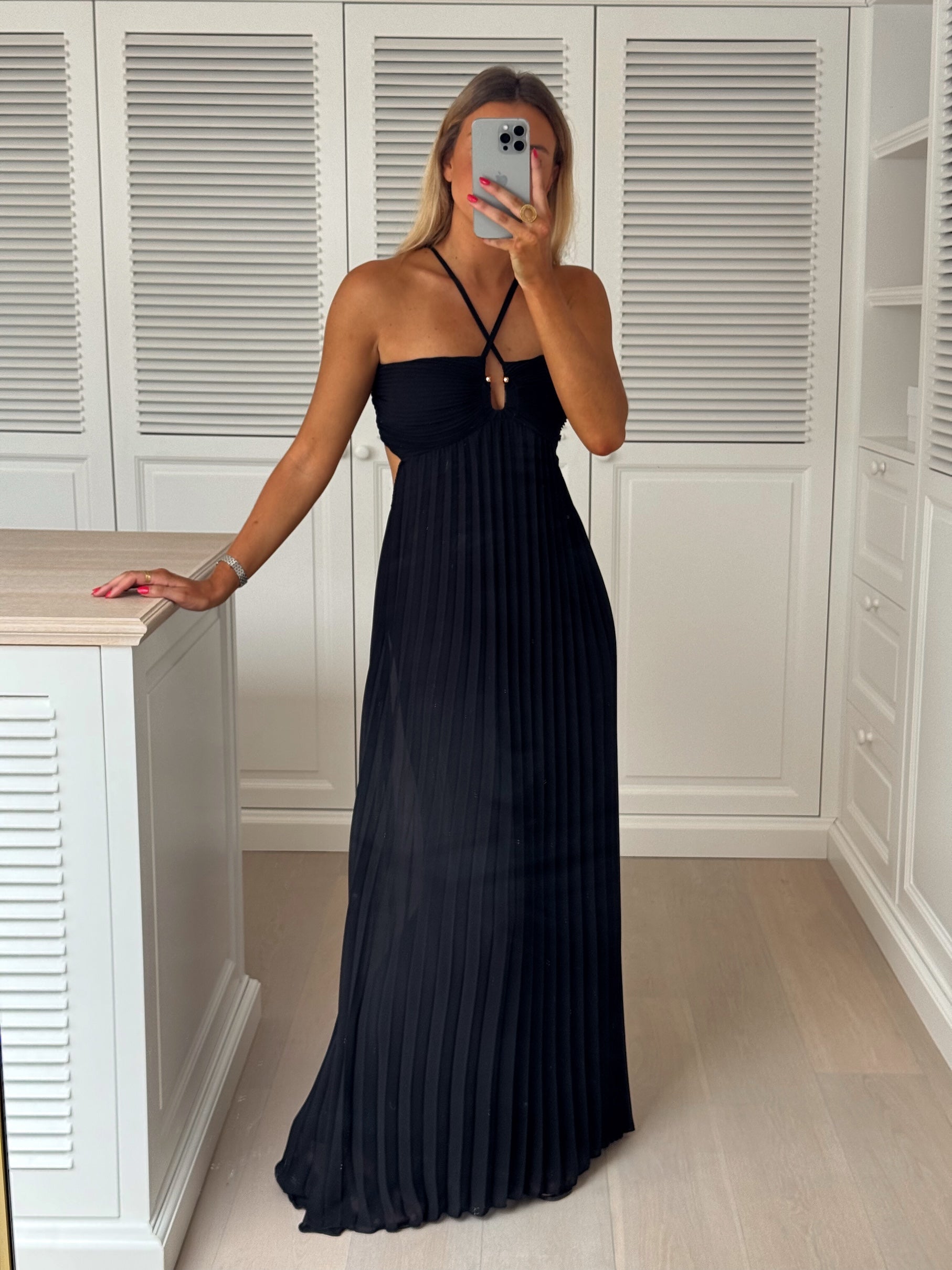Black Pleated Maxi Dress with Adjustable Neckline Tie, Golden Bust Detail & Open Back Amara Dress by EASY CLOTHES One Size (Fits US 2, 4, 6, 8) Black Pleated Maxi Dress with Adjustable Neckline Tie, Golden Bust Detail & Open Back Amara Dress by EASY CLOTHES One Size (Fits US 2, 4, 6, 8)
