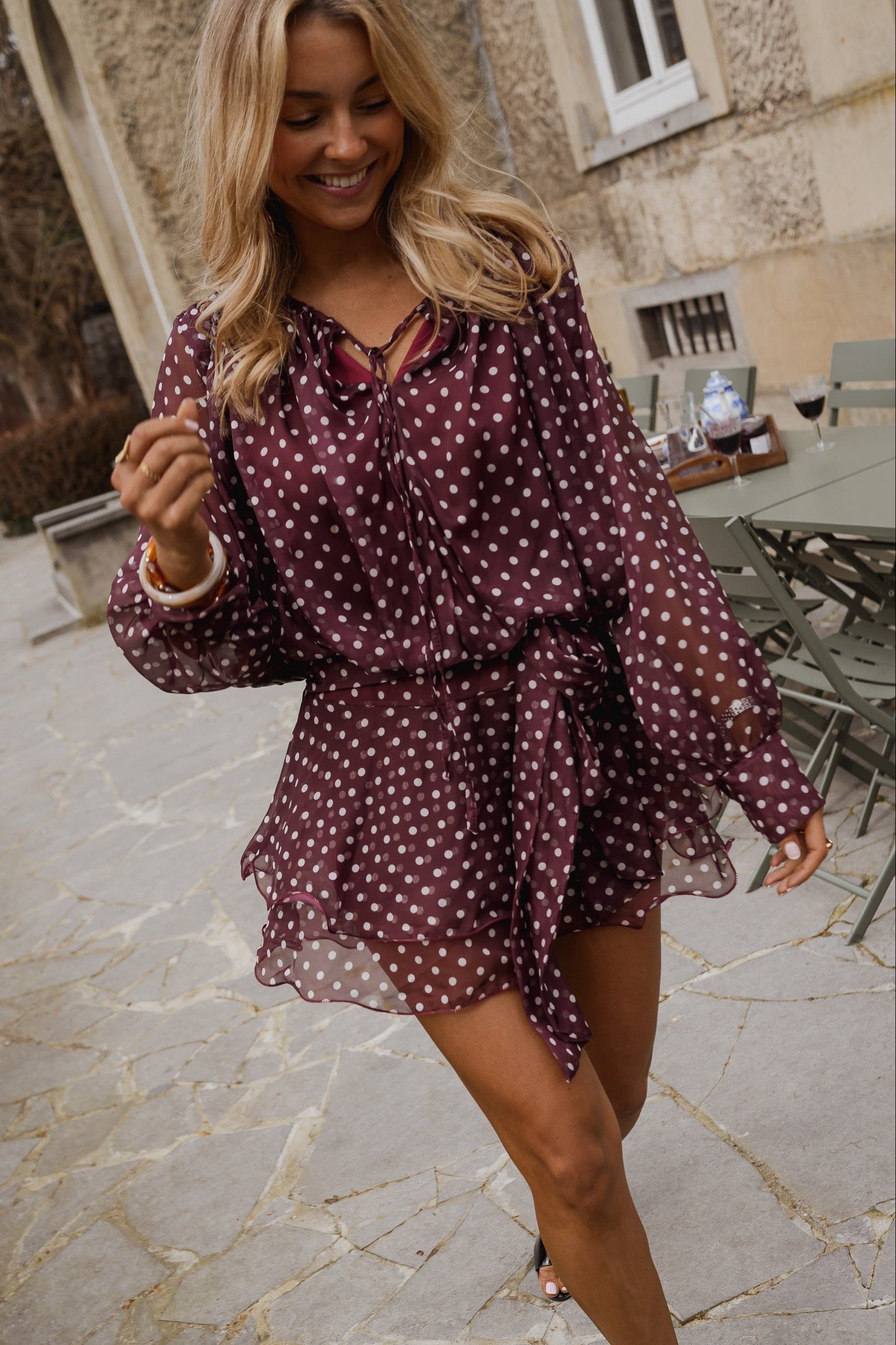 Burgundy Polka Dot Alenor Dress