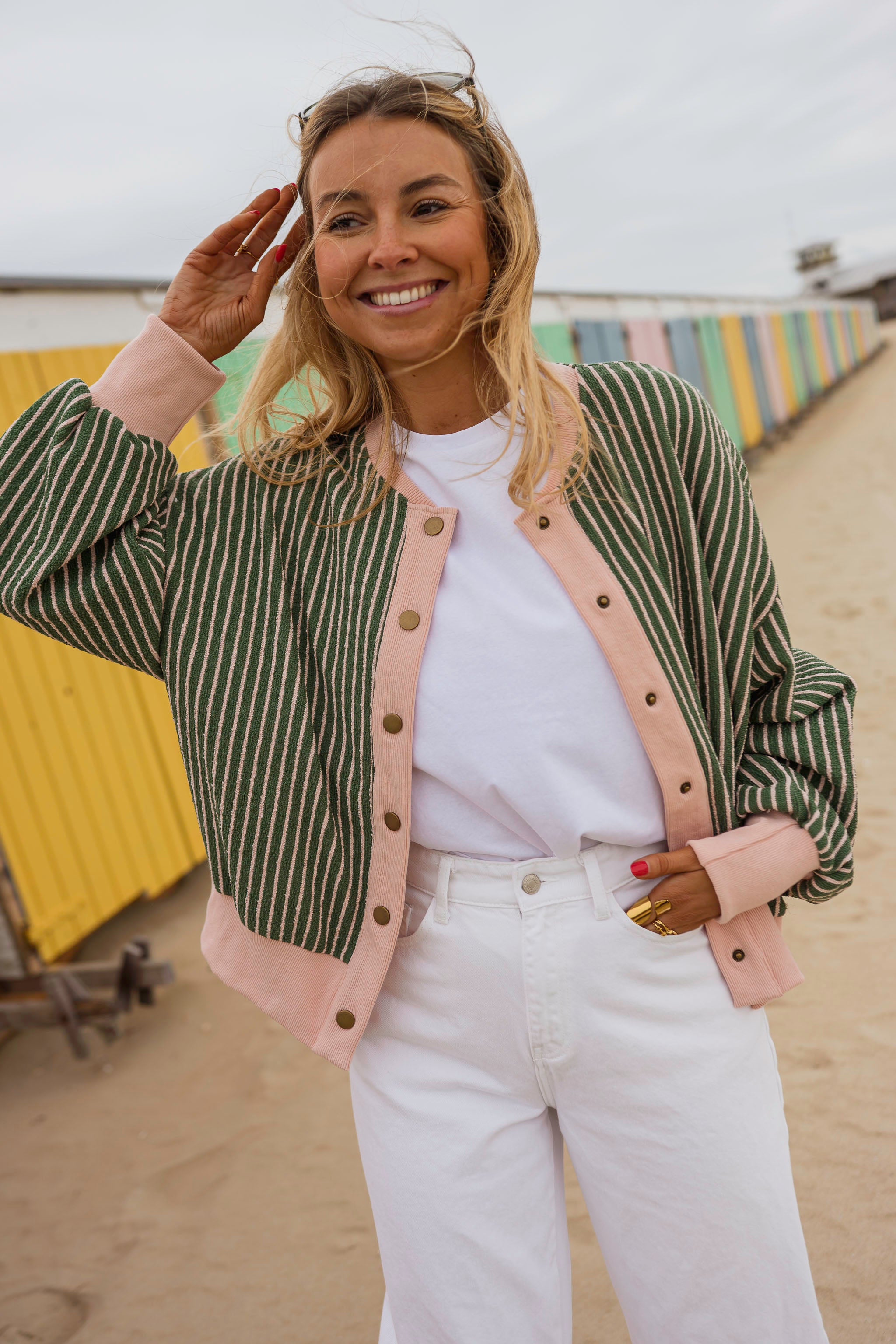 Green with Pink Stripes Verda Cardigan | Easy Clothes