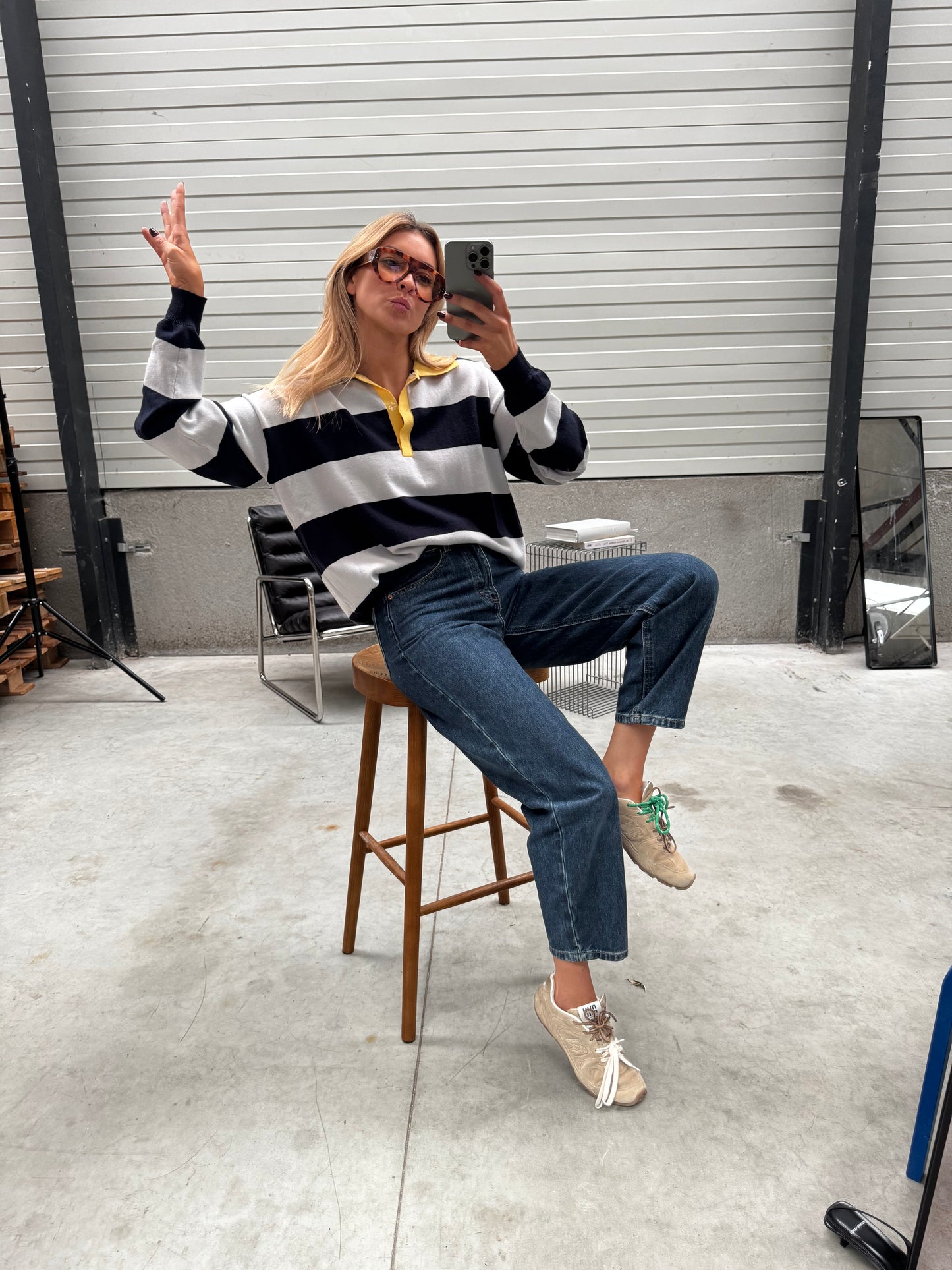 Grey and Blue Striped Davis Polo Sweater