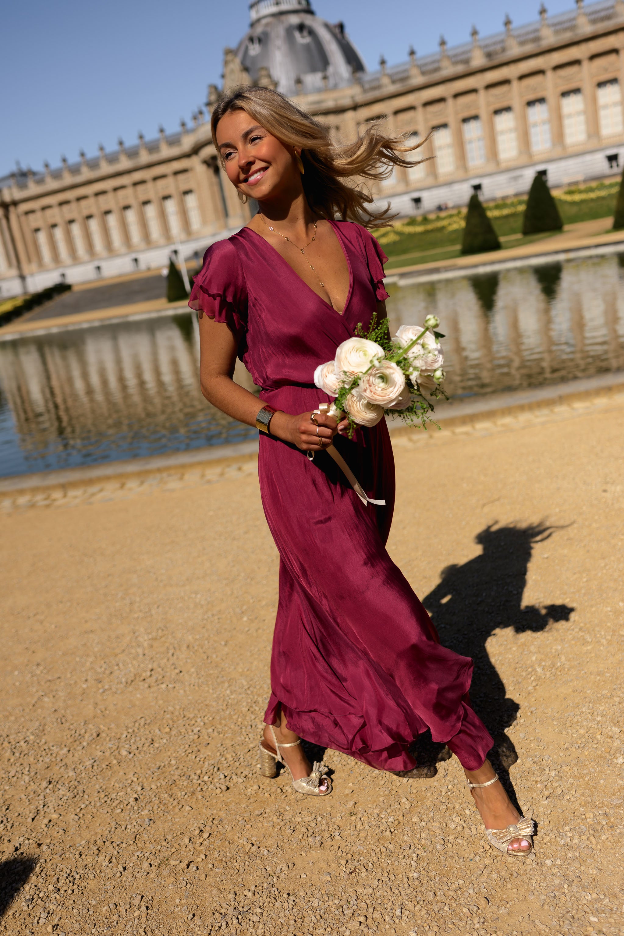 simply silk dresses Raspberry Silk Wrap Dress with Elastic Waist & Ruffled Hem – Françoise Dress by EASY CLOTHES – Size S