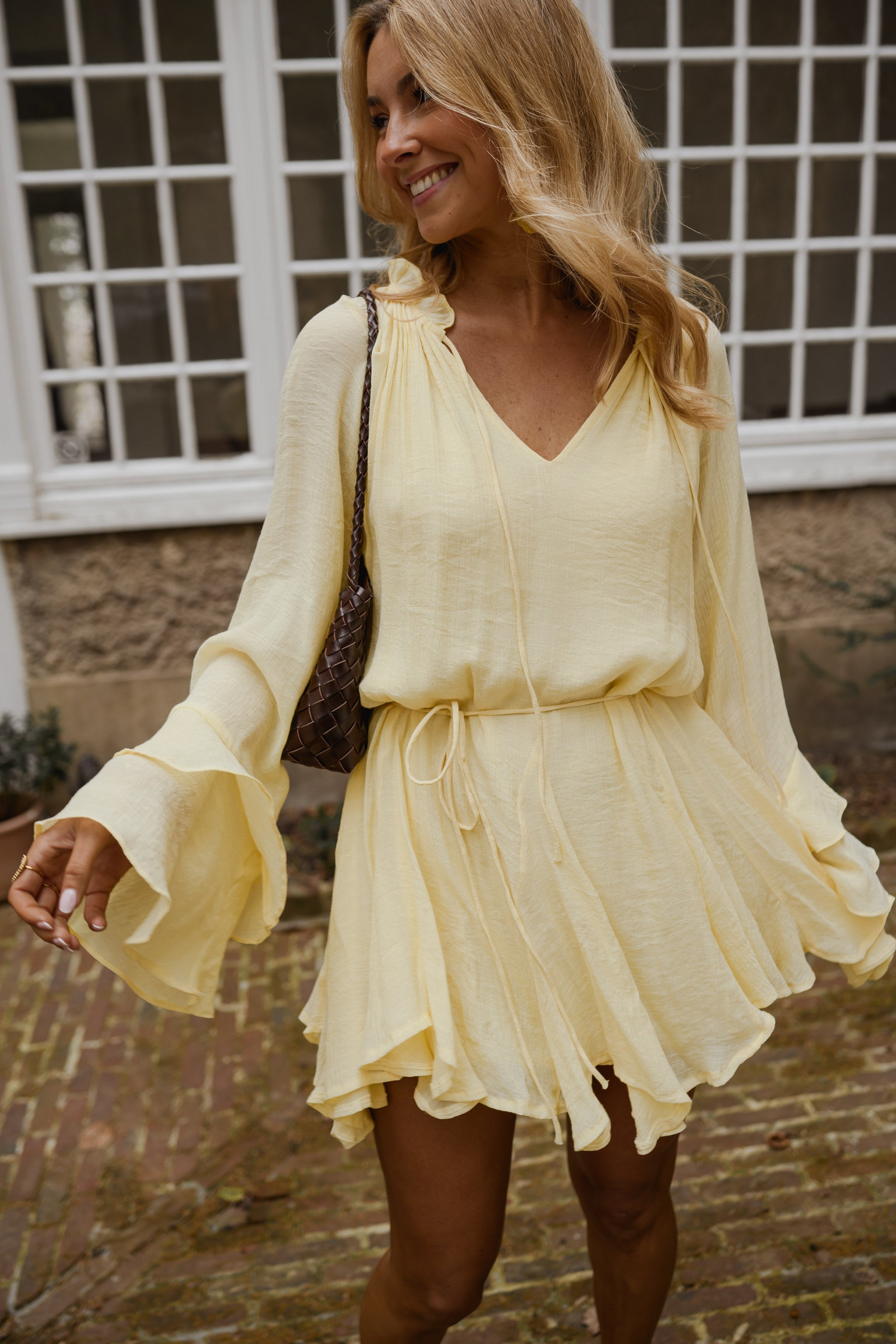 Yellow Flowy Ruffle Dress with V-Neck | Easy Clothes