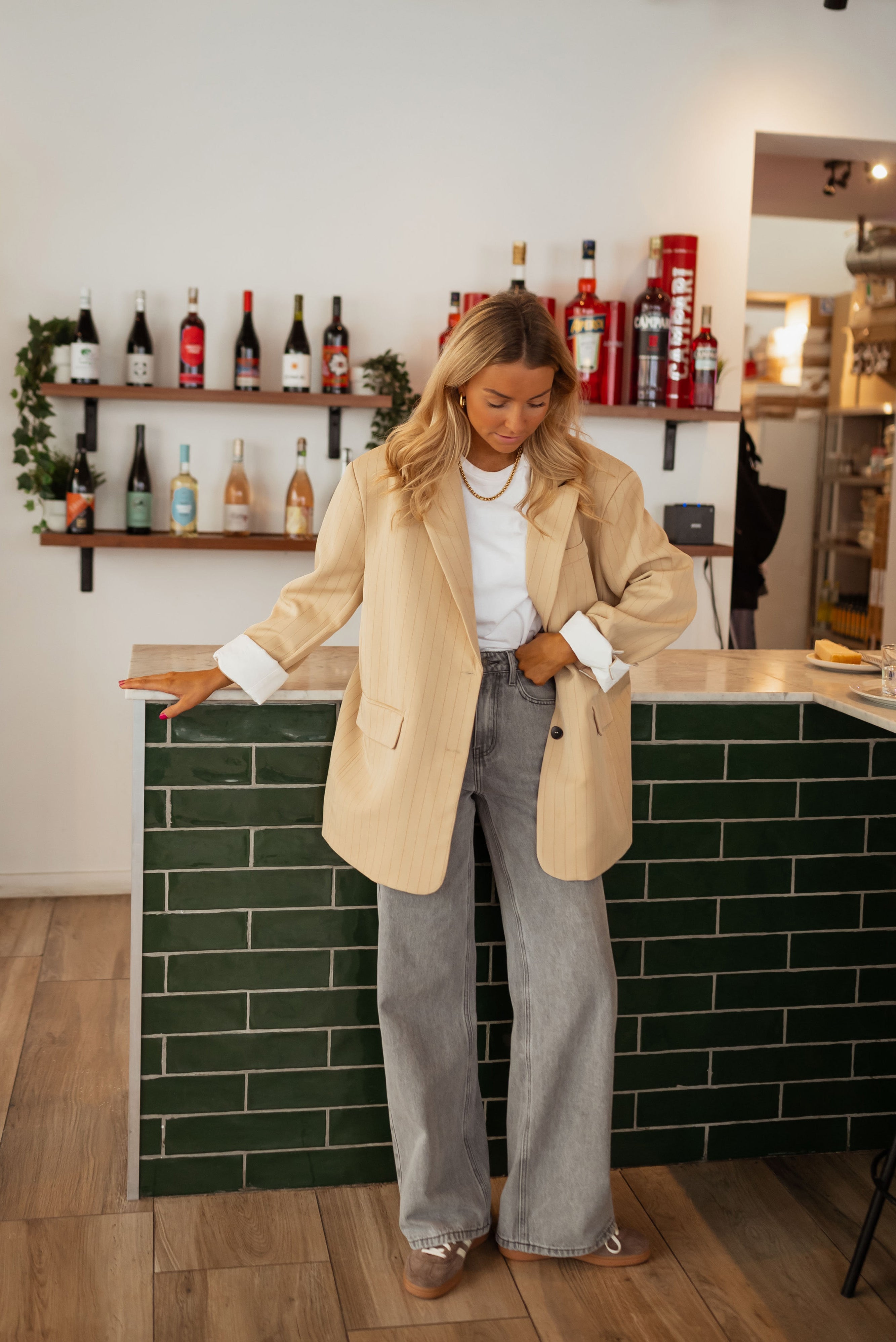 Beige striped blazer best sale