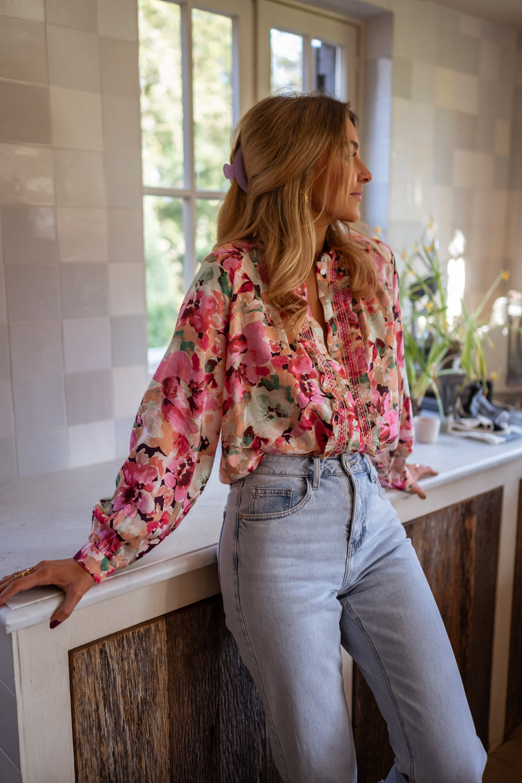 Floral Elvina Ruffle Button-Front Blouse | Easy Clothes | Easy