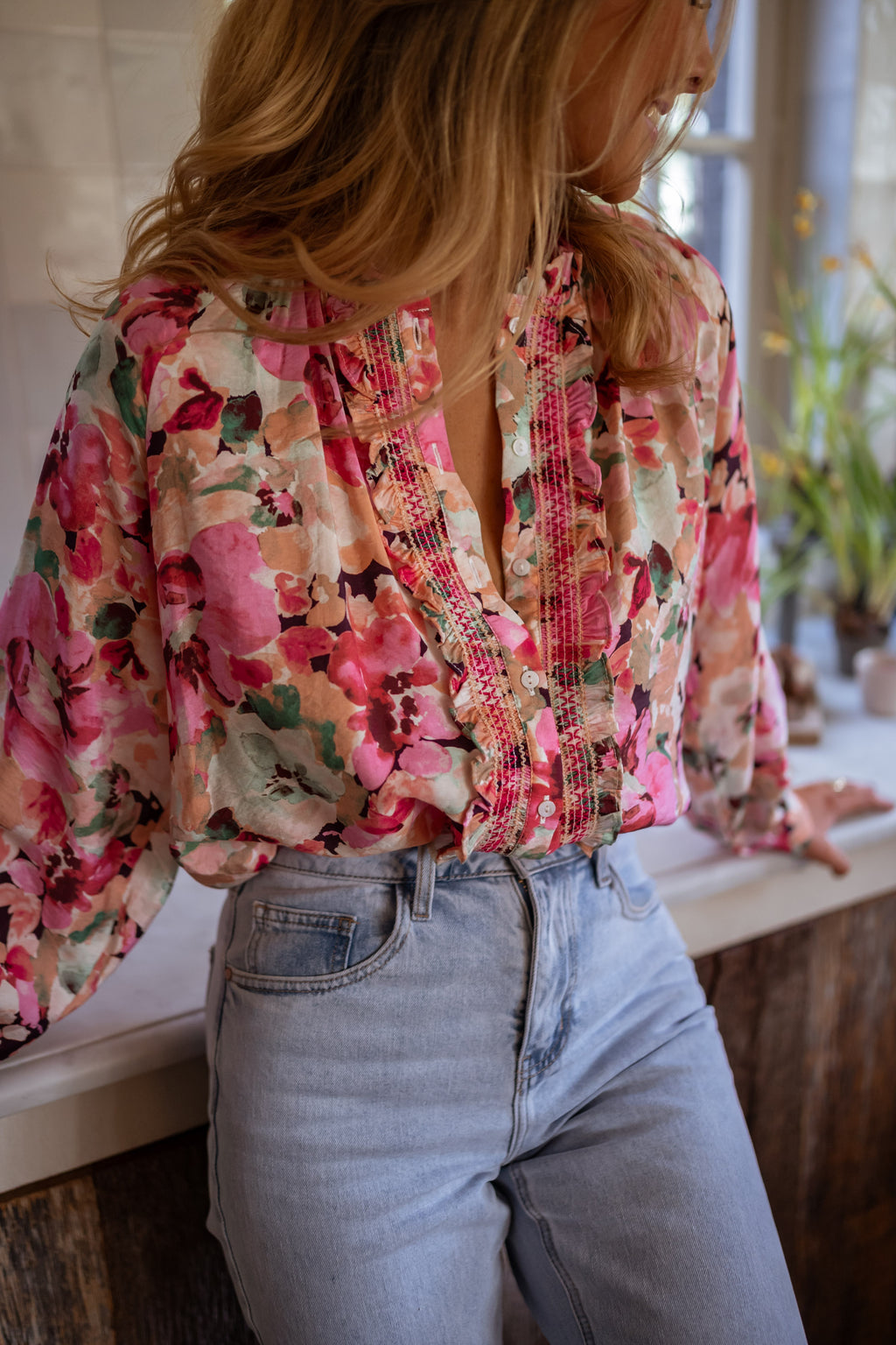 Floral Elvina Ruffle Button-Front Blouse | Easy Clothes