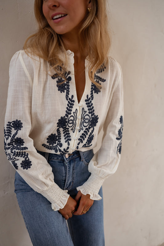 Ecru and Blue Embroidered Salome Blouse