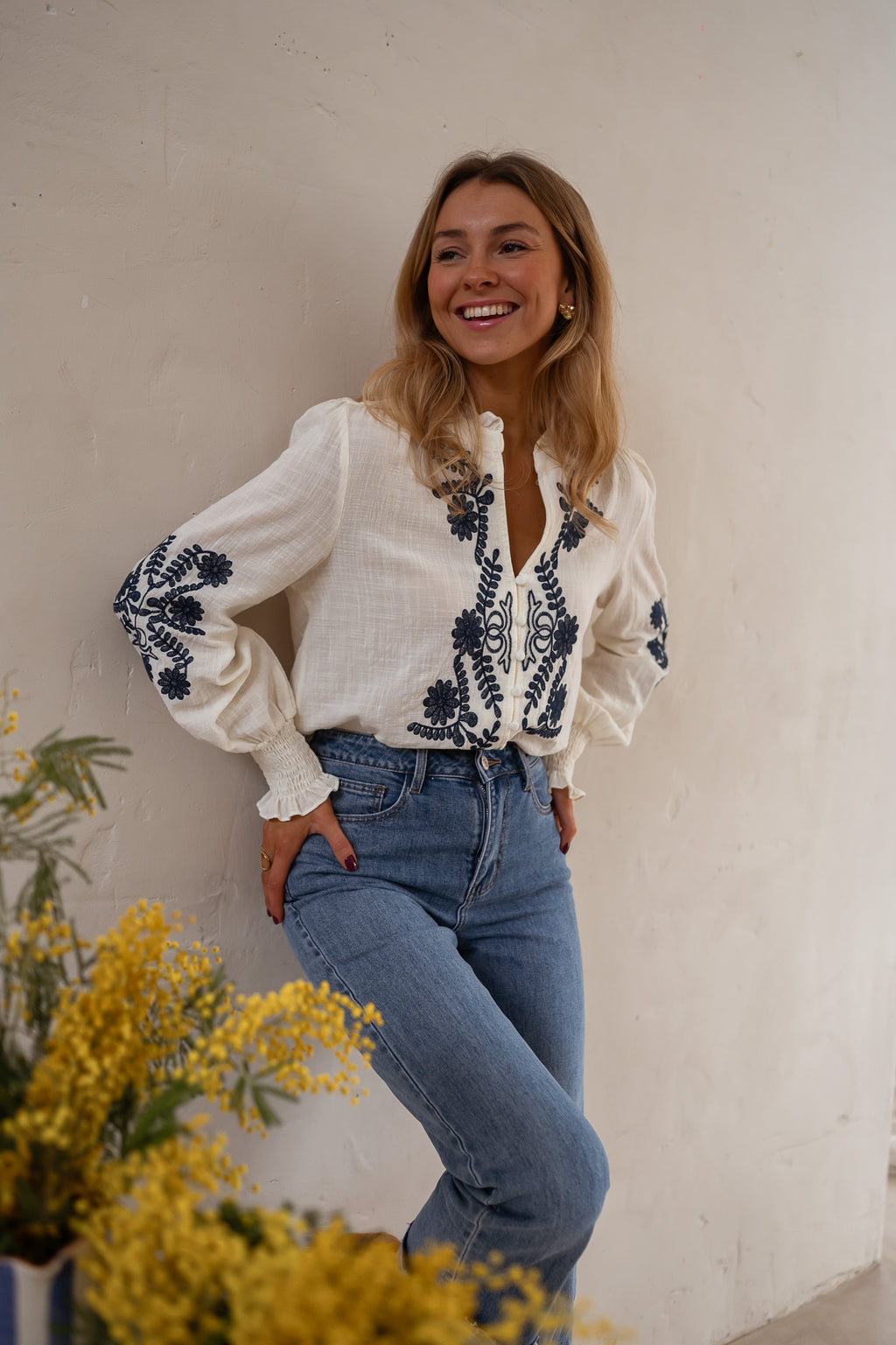 Ecru Blouse with Blue Floral Embroidery | Easy Clothes | Easy