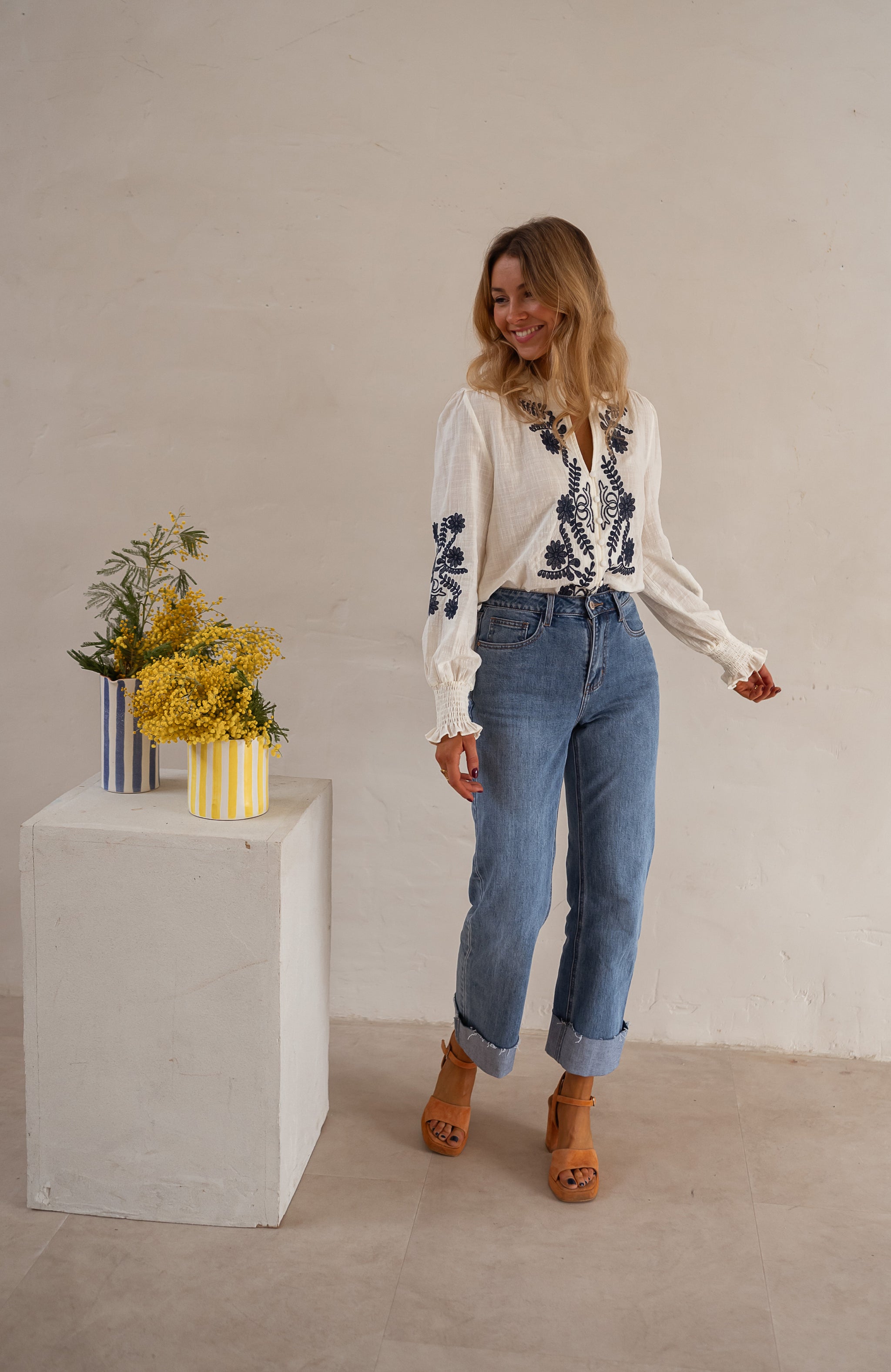 Ecru and Blue Embroidered Salome Blouse