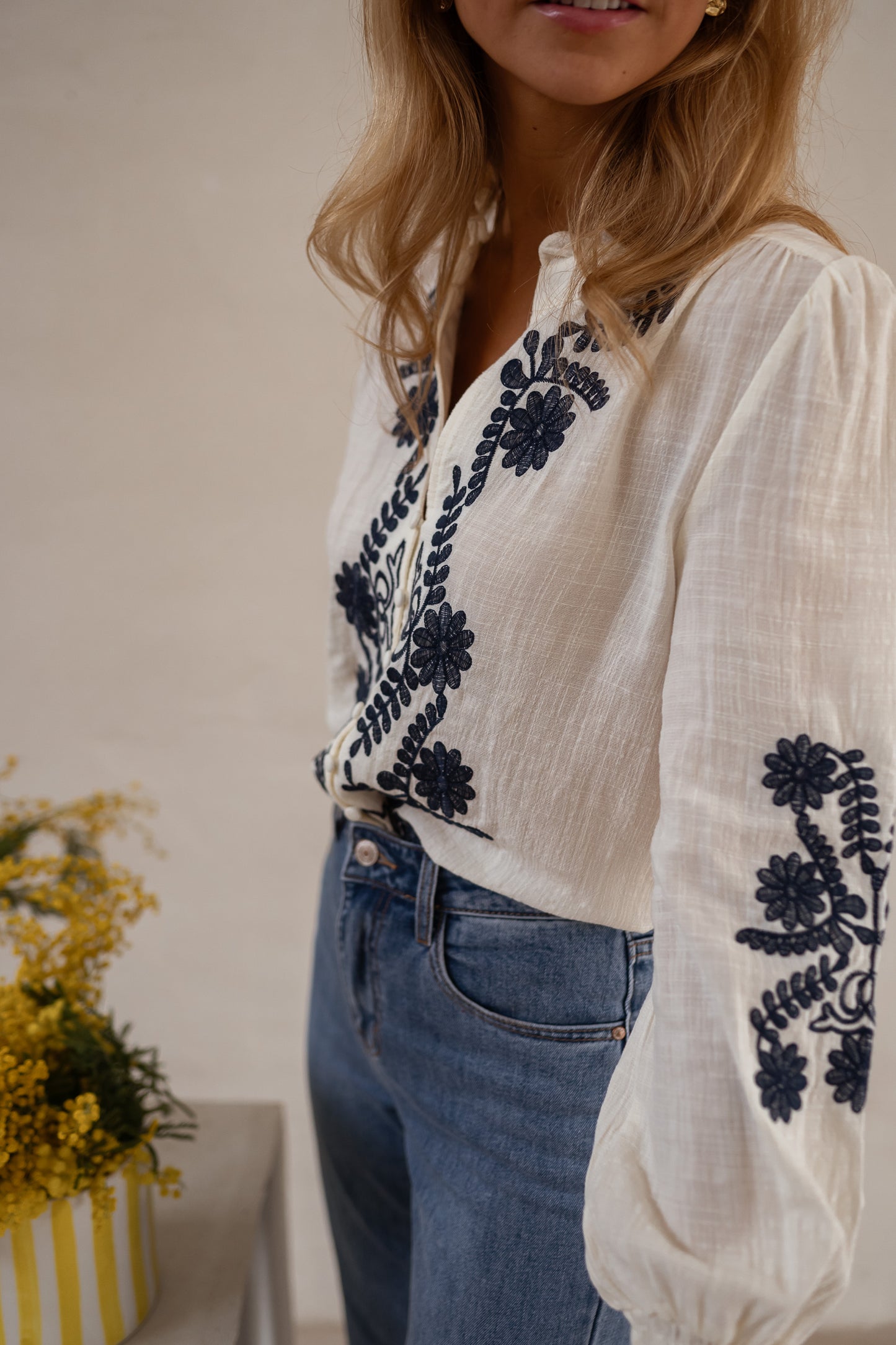 Ecru and Blue Embroidered Salome Blouse