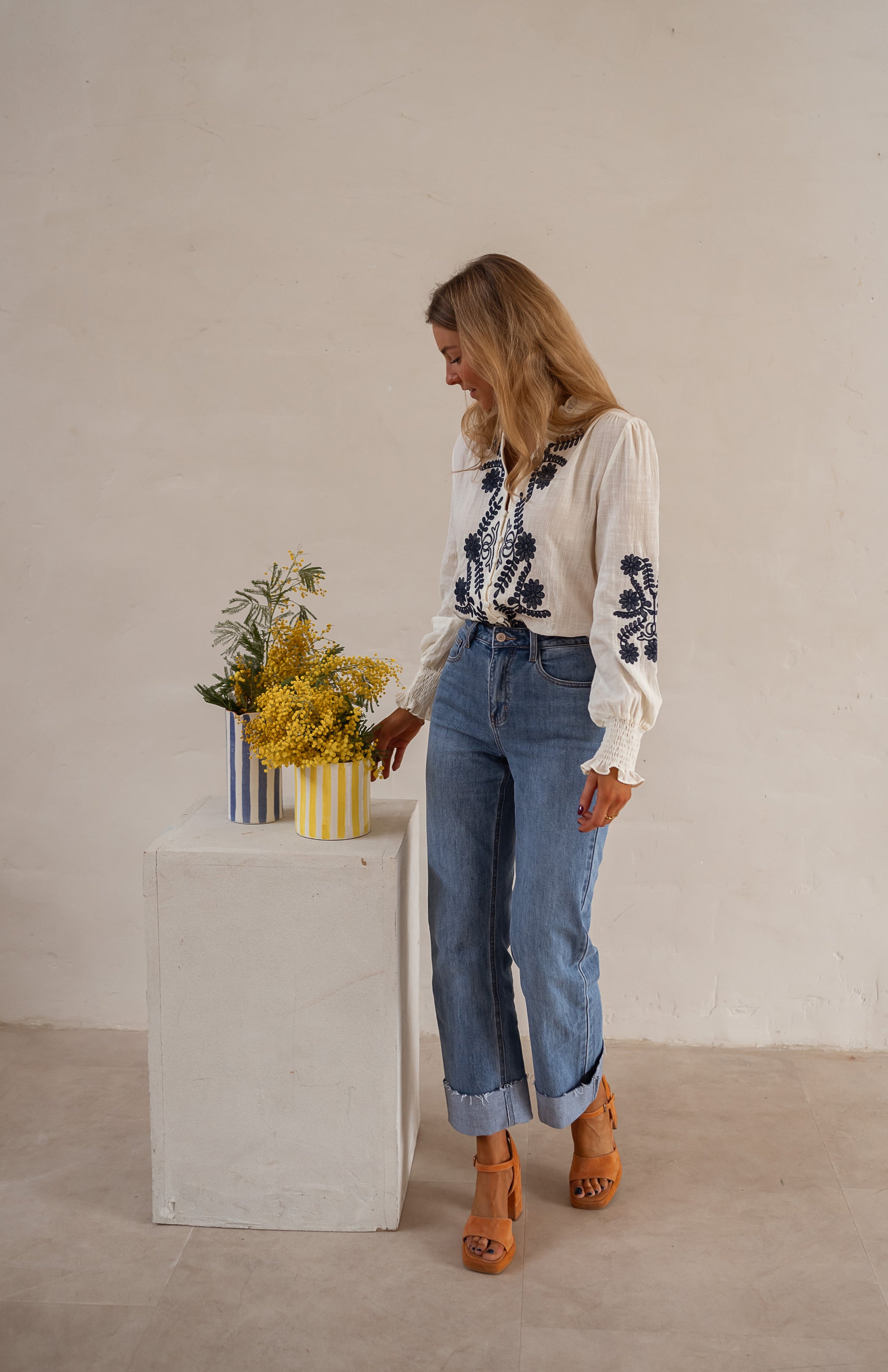 Ecru and Blue Embroidered Salome Blouse