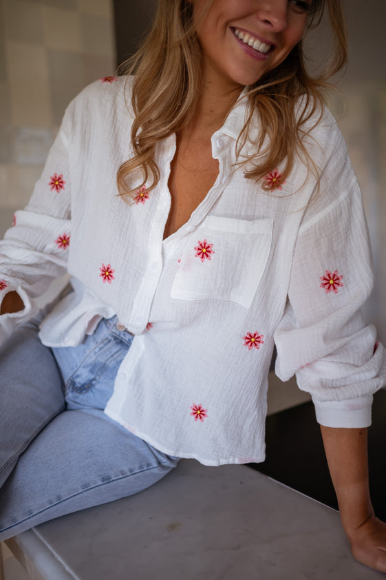 Ecru Grace Shirt with Red and Pink Floral Pattern