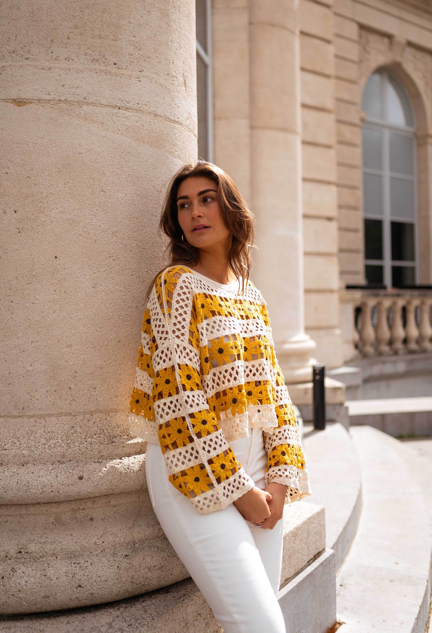 Ecru and Yellow Crochet Taylor Blouse