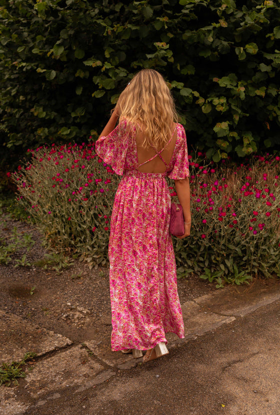 Pink Floral Maxi Dress with V-Neckline, Short Sleeves, Elastic Chest, Open Back & Full Lining Daphne Dress by EASY CLOTHES Size L Pink Floral Maxi Dress with V-Neckline, Short Sleeves, Elastic Chest, Open Back & Full Lining Daphne Dress by EASY CLOTHES Size L