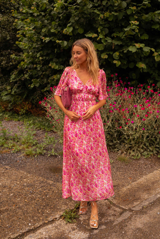 Pink Floral Maxi Dress with V-Neckline, Short Sleeves, Elastic Chest, Open Back & Full Lining Daphne Dress by EASY CLOTHES Size L Pink Floral Maxi Dress with V-Neckline, Short Sleeves, Elastic Chest, Open Back & Full Lining Daphne Dress by EASY CLOTHES Size L
