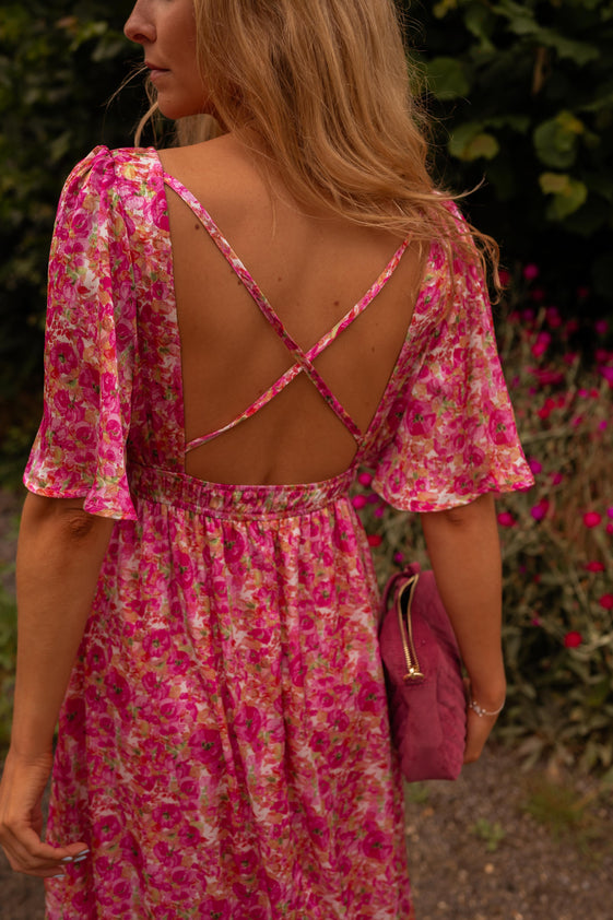 Pink Floral Maxi Dress with V-Neckline, Short Sleeves, Elastic Chest, Open Back & Full Lining Daphne Dress by EASY CLOTHES Size L Pink Floral Maxi Dress with V-Neckline, Short Sleeves, Elastic Chest, Open Back & Full Lining Daphne Dress by EASY CLOTHES Size L