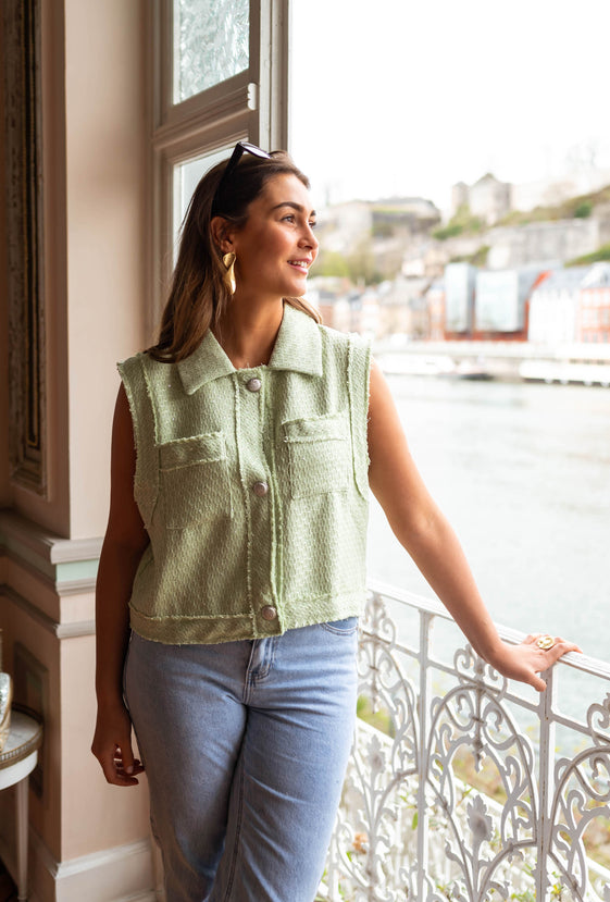 Sea Green Sleeveless Tweed Victoria Cardigan