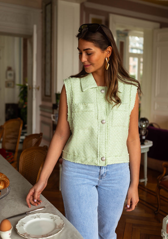 Sea Green Sleeveless Tweed Victoria Cardigan