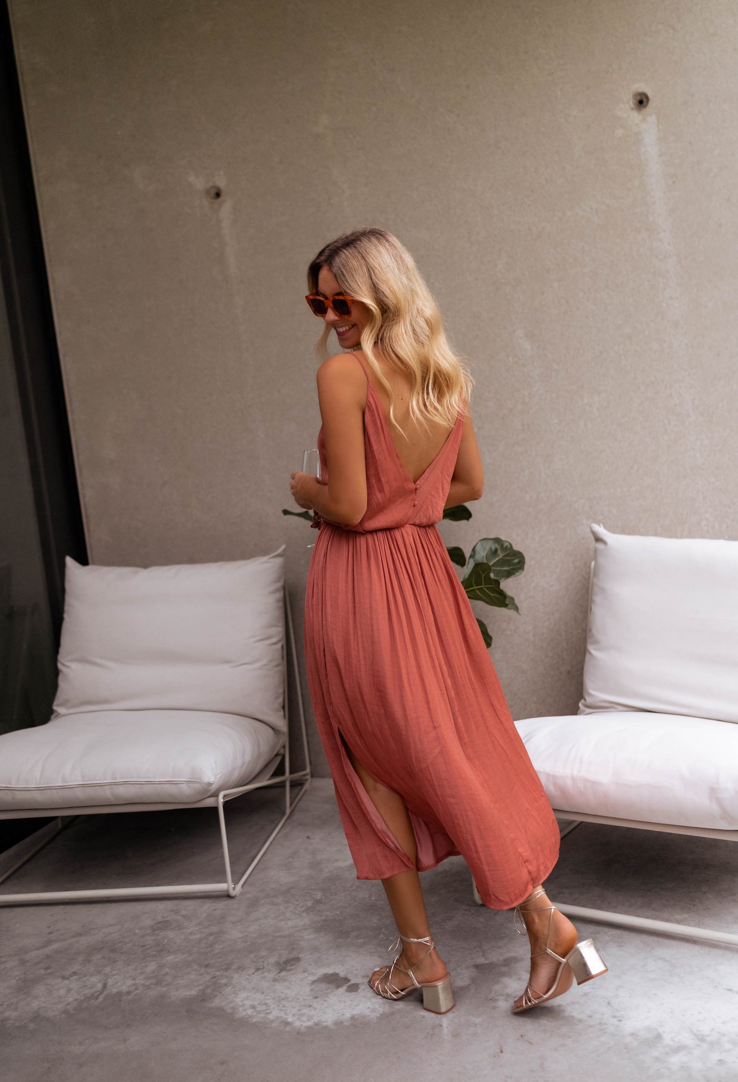 Brick Silk-Effect Maxi Dress with Deep V-Back, Detachable Buttons, Spaghetti Straps, Elastic Waist, Bottom Slits & Full Lining Dalie Dress by EASY Brick Silk-Effect Maxi Dress with Deep V-Back, Detachable Buttons, Spaghetti Straps, Elastic Waist, Bottom Slits & Full Lining Dalie Dress by EASY