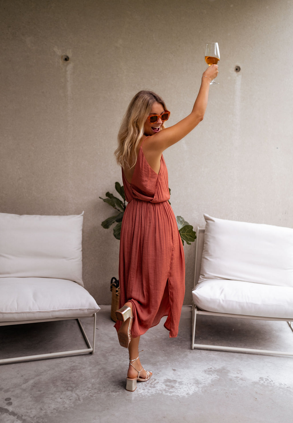 Brick Silk-Effect Maxi Dress with Deep V-Back, Detachable Buttons, Spaghetti Straps, Elastic Waist, Bottom Slits & Full Lining – Dalie Dress by EASY Brick Silk-Effect Maxi Dress with Deep V-Back, Detachable Buttons, Spaghetti Straps, Elastic Waist, Bottom Slits & Full Lining – Dalie Dress by EASY