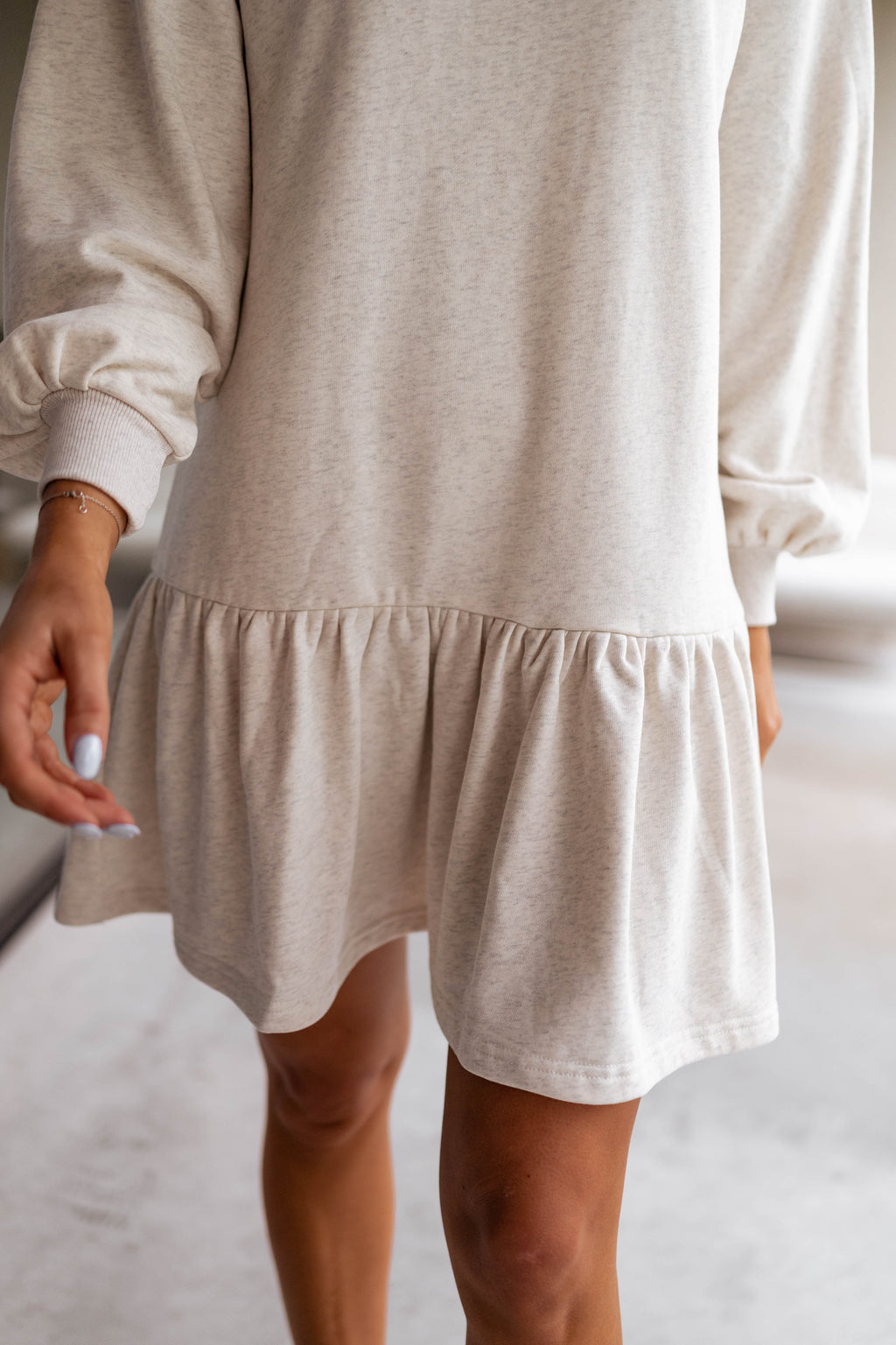 Grey Long Sleeve Mini Sweater Dress with Ruffle Hem  Bertina Sweater Dress by EASY CLOTHES  Size L-XL