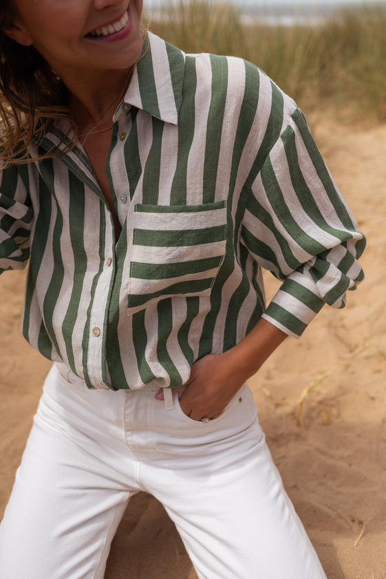 Green Thick Striped Shirt with Collar, Front Pocket, Button-Up Front & Long Sleeves Benza Shirt by Easy Clothes Size S-M Green Thick Striped Shirt with Collar, Front Pocket, Button-Up Front & Long Sleeves Benza Shirt by Easy Clothes Size S-M