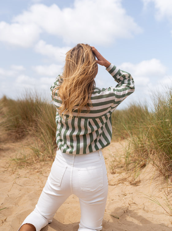 Green Thick Striped Shirt with Collar, Front Pocket, Button-Up Front & Long Sleeves Benza Shirt by EASY CLOTHES Size S-M Green Thick Striped Shirt with Collar, Front Pocket, Button-Up Front & Long Sleeves Benza Shirt by EASY CLOTHES Size S-M