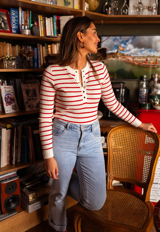 Ecru and Red Striped Volver Sweater