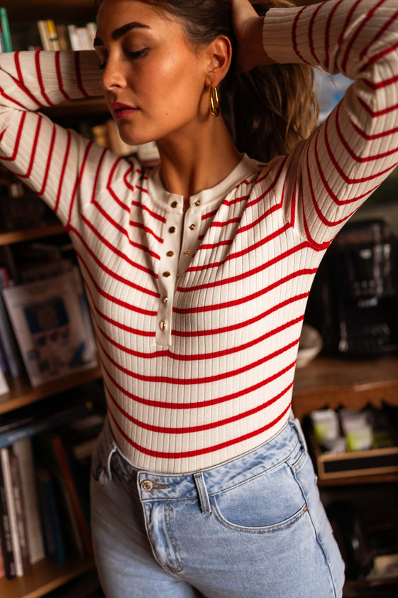 Ecru and Red Striped Volver Sweater