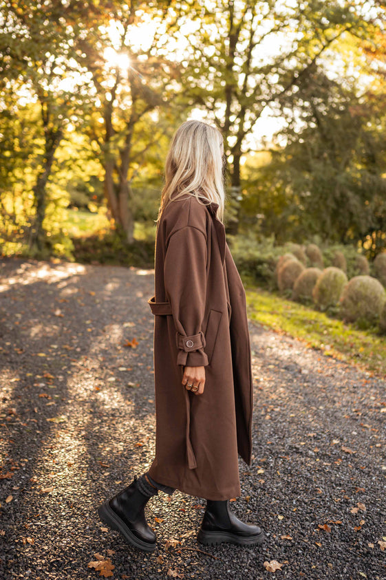 Chocolate Brown Long Maxi Coat with Belt, Front Pockets, Silk-Effect Lining & Long Sleeves Maddy Coat by EASY CLOTHES Size M-L Chocolate Brown Long Maxi Coat with Belt, Front Pockets, Silk-Effect Lining & Long Sleeves Maddy Coat by EASY CLOTHES Size M-L