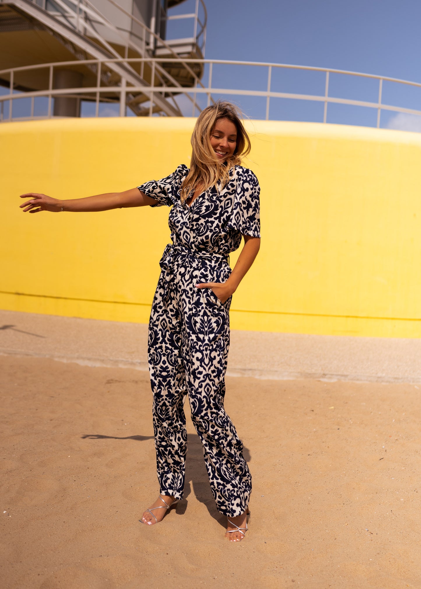 Ecru and Blue Lea Jumpsuit