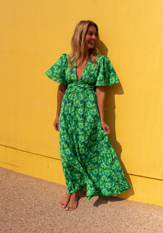 Green Patterned Maxi Dress with Deep V-Neckline, Short Flared Sleeves & Open Back Detail Tiphaine Dress by Easy Clothes Size S Green Patterned Maxi Dress with Deep V-Neckline, Short Flared Sleeves & Open Back Detail Tiphaine Dress by Easy Clothes Size S