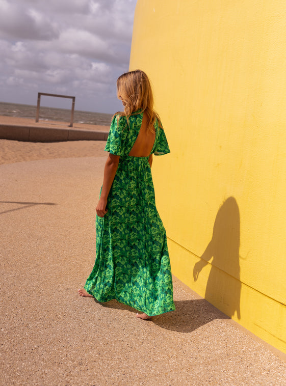 Green Patterned Maxi Dress with Deep V-Neckline, Short Flared Sleeves & Open Back Detail Tiphaine Dress by Easy Clothes Size S Green Patterned Maxi Dress with Deep V-Neckline, Short Flared Sleeves & Open Back Detail Tiphaine Dress by Easy Clothes Size S