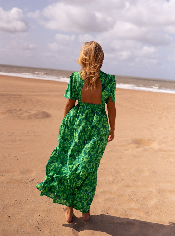 Green Patterned Maxi Dress with Deep V-Neckline, Short Flared Sleeves & Open Back Detail Tiphaine Dress by Easy Clothes Size S Green Patterned Maxi Dress with Deep V-Neckline, Short Flared Sleeves & Open Back Detail Tiphaine Dress by Easy Clothes Size S