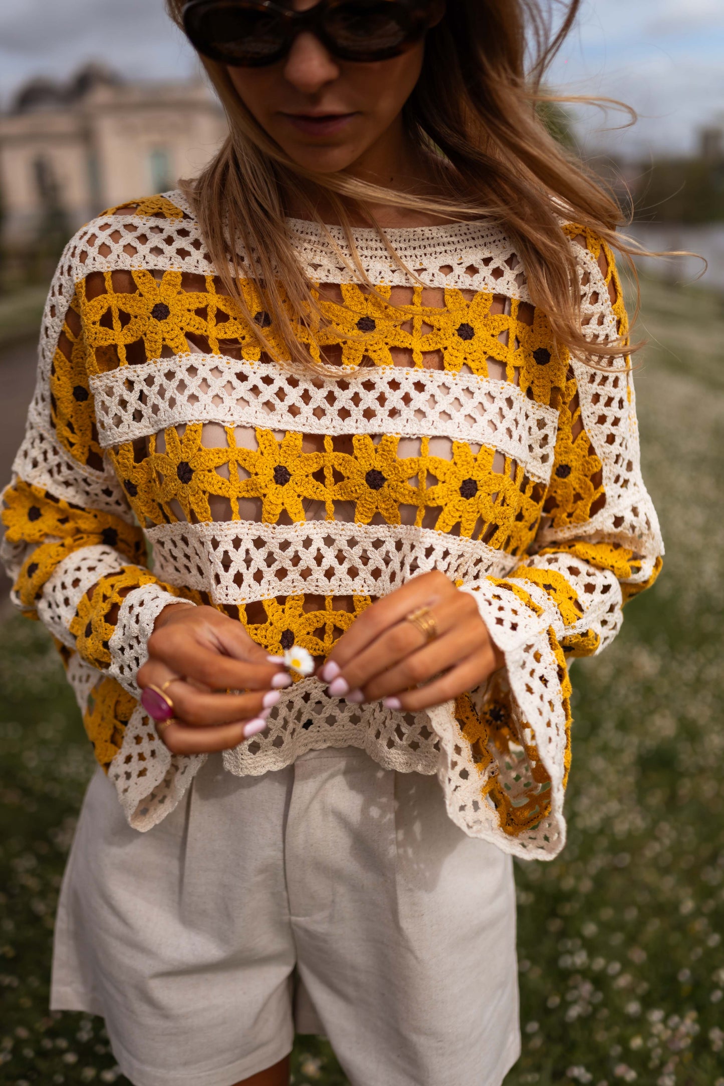 Ecru and Yellow Crochet Taylor Blouse