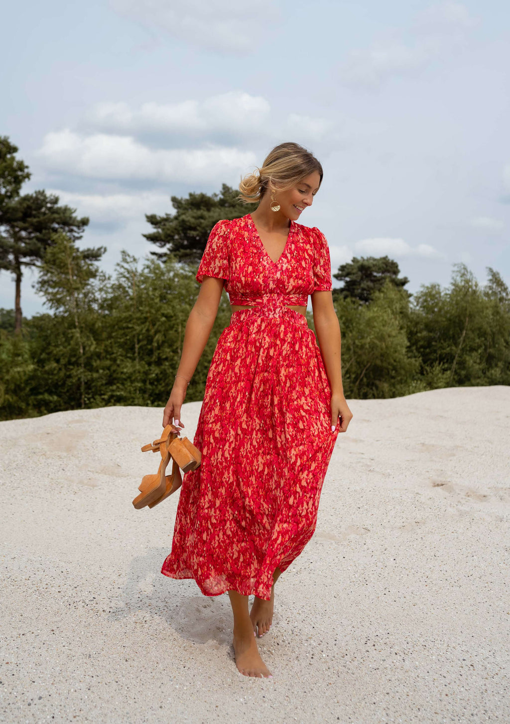 claudia maxi dress Red Patterned Maxi Dress with V-Neck, Short Sleeves & Side Cutouts – Claudia Dress by EASY CLOTHES – Size M-L