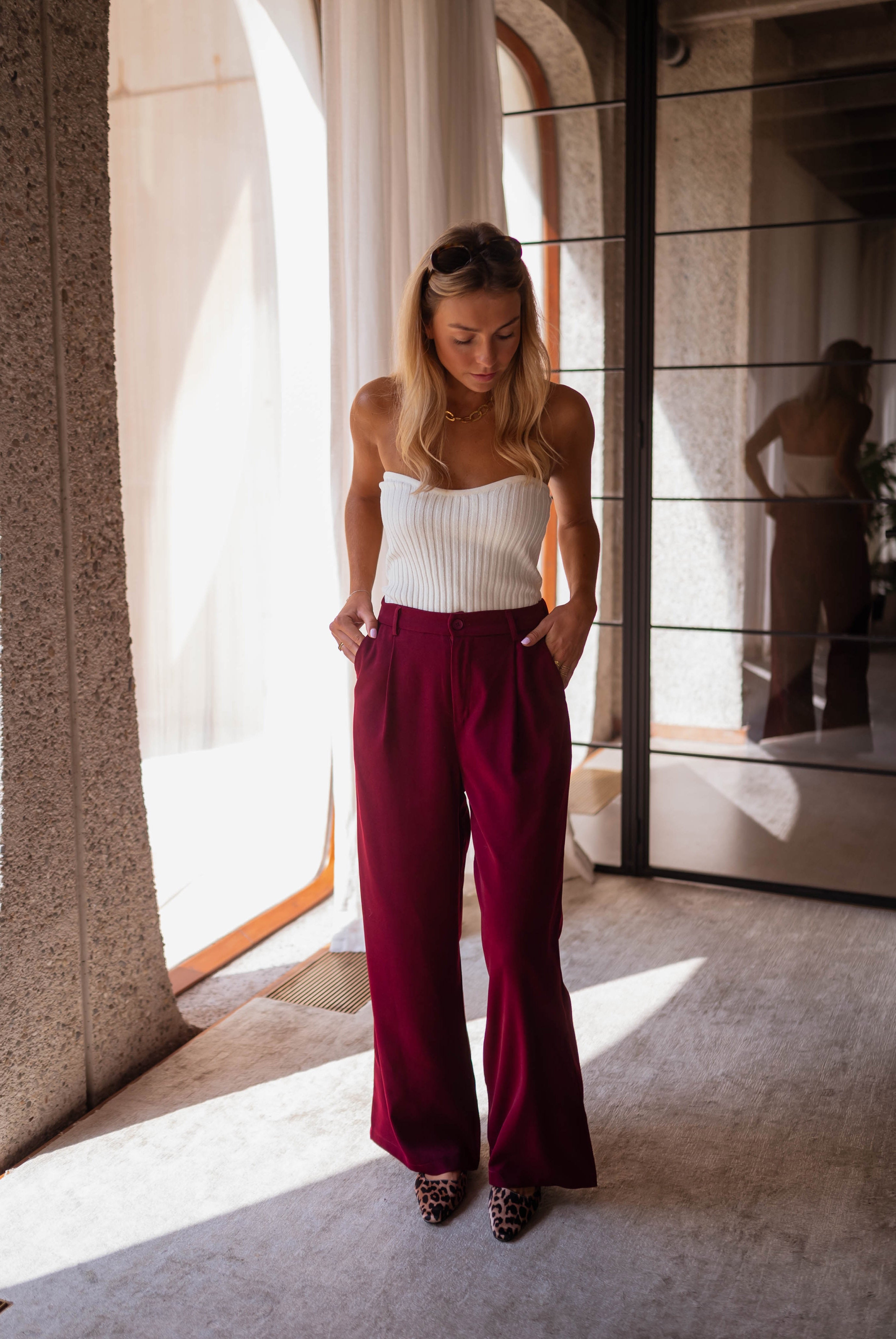 Burgundy wide leg pants hotsell