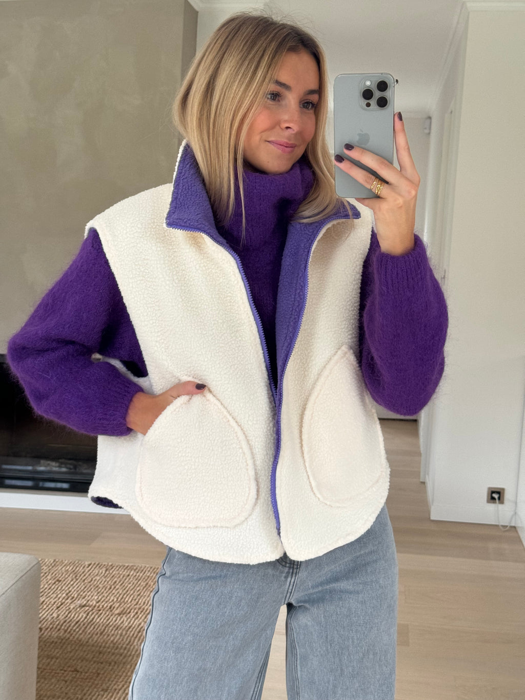 Ecru and Purple Dorian Polar Fleece Cardigan – Easy Clothes North