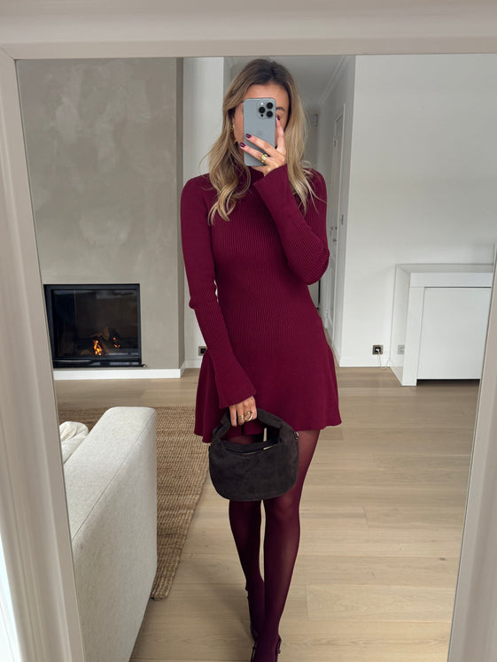 Burgundy Mini Dress with Mockneck, Flared Long Sleeves & Fitted Waist Yseult Dress by Easy Clothes Size M-L Burgundy Mini Dress with Mockneck, Flared Long Sleeves & Fitted Waist Yseult Dress by Easy Clothes Size M-L