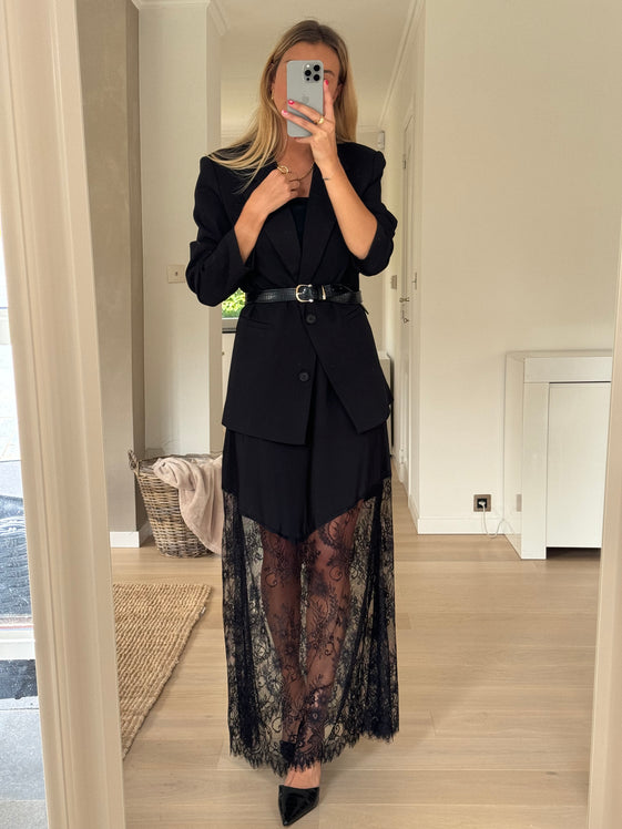 Black Long Skirt with Lace Trim, Flowy Fit & Elastic Waistband Angie Skirt by EASY CLOTHES Size S-M Black Long Skirt with Lace Trim, Flowy Fit & Elastic Waistband Angie Skirt by EASY CLOTHES Size S-M