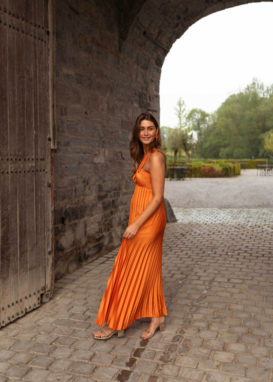 Orange Pleated Maxi Dress with One-Shoulder Design, Slight Cleavage Opening & Flowy Silhouette Adexa Dress by Easy Clothes One Size (Fits US 2, 4, Orange Pleated Maxi Dress with One-Shoulder Design, Slight Cleavage Opening & Flowy Silhouette Adexa Dress by Easy Clothes One Size (Fits US 2, 4,