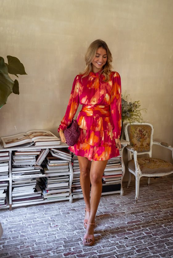 Pink and Orange Patterned Mini Dress with High Collar, Long Sleeves, Ruffle Hem, Elastic Back & Full Lining Manae Dress by Easy Clothes Size L Pink and Orange Patterned Mini Dress with High Collar, Long Sleeves, Ruffle Hem, Elastic Back & Full Lining Manae Dress by Easy Clothes Size L