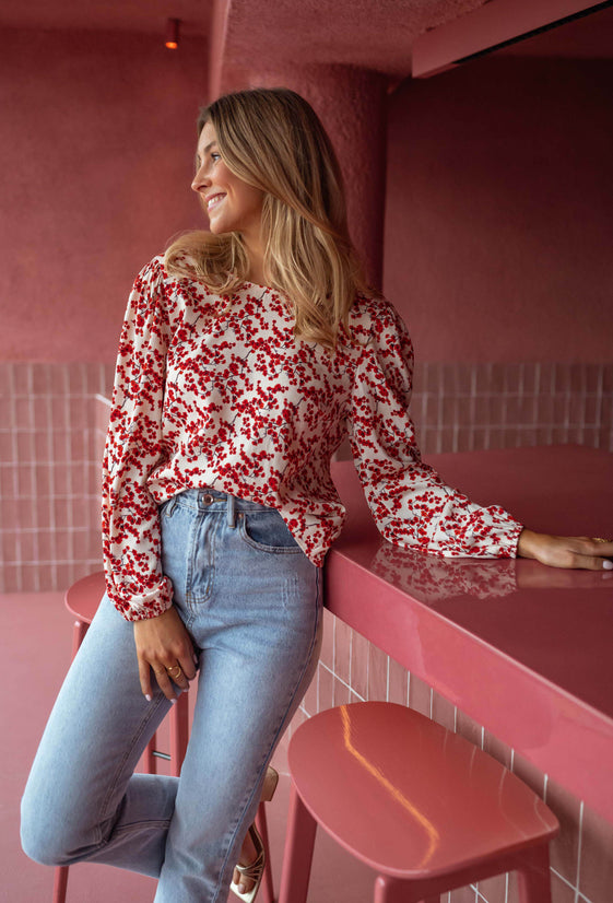 Ecru and Red Floral Alfred Blouse