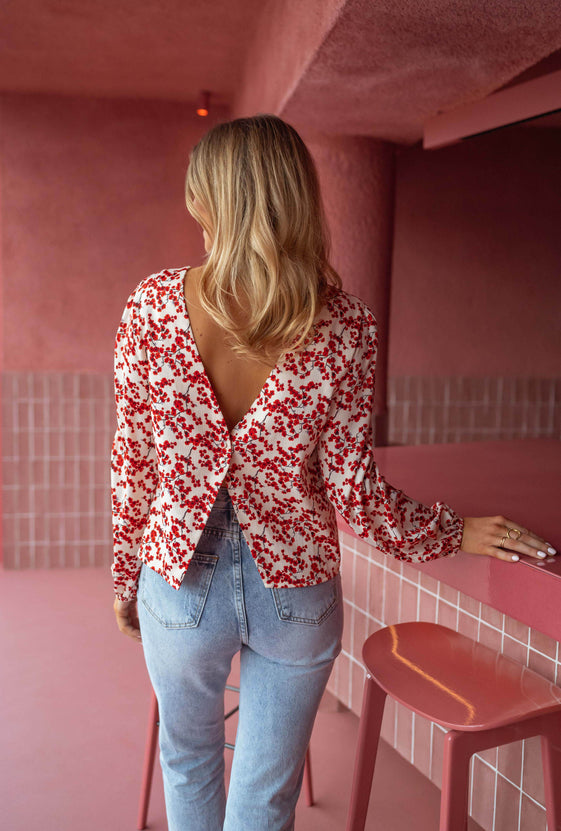 Ecru and Red Floral Alfred Blouse