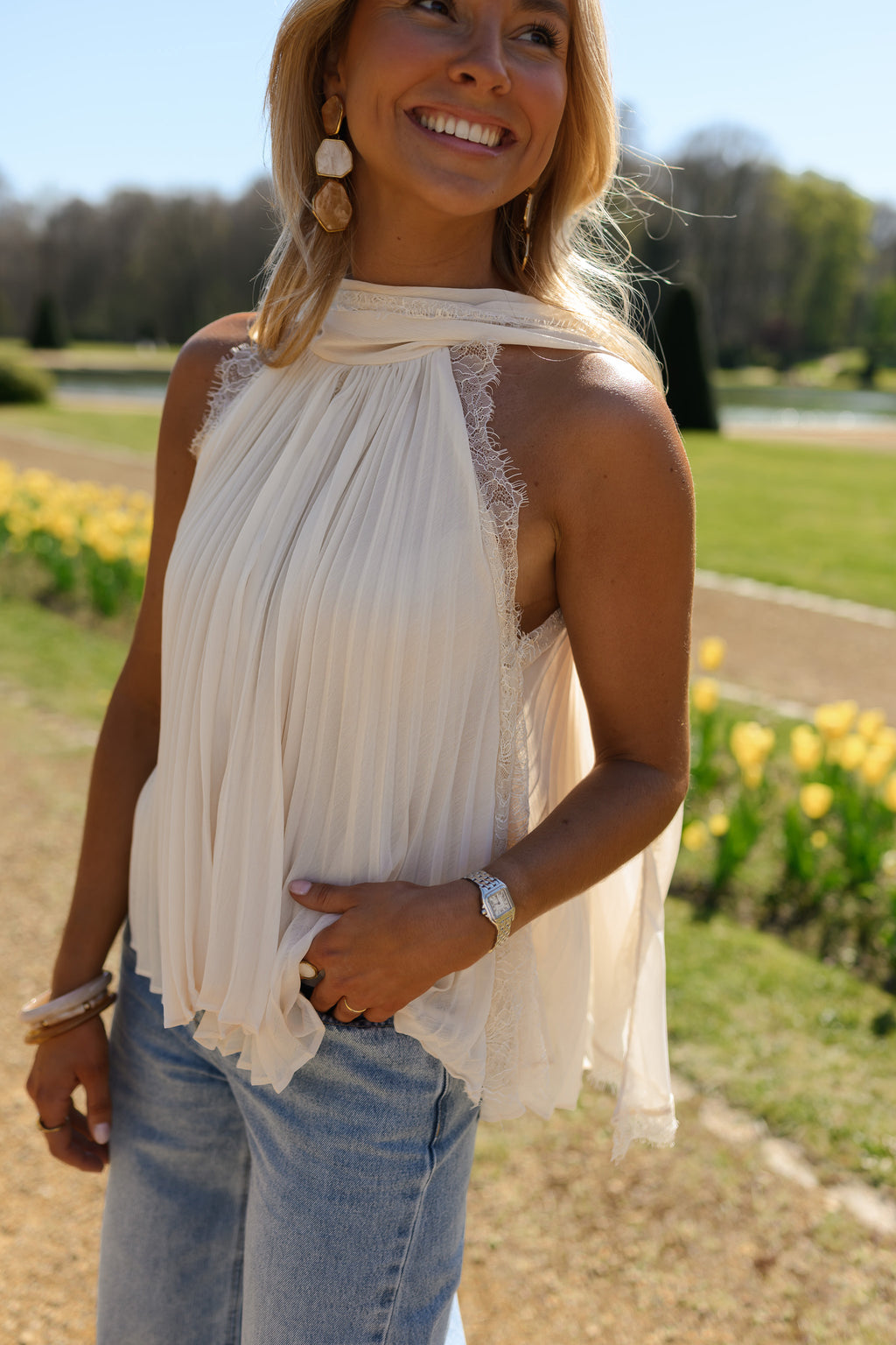 Beige Lace Nath Pleated Top | Easy Clothes