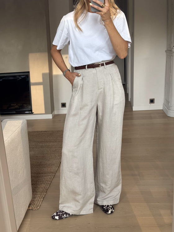 Beige Linen Fluid Trousers with Relaxed Fit, Side Pockets & Belt Loops Romuald Pants by EASY CLOTHES Size S Beige Linen Fluid Trousers with Relaxed Fit, Side Pockets & Belt Loops Romuald Pants by EASY CLOTHES Size S