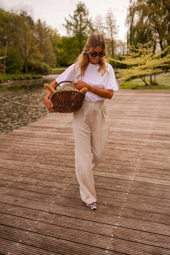 Beige Linen Fluid Trousers with Relaxed Fit, Side Pockets & Belt Loops Romuald Pants by EASY CLOTHES Size S Beige Linen Fluid Trousers with Relaxed Fit, Side Pockets & Belt Loops Romuald Pants by EASY CLOTHES Size S