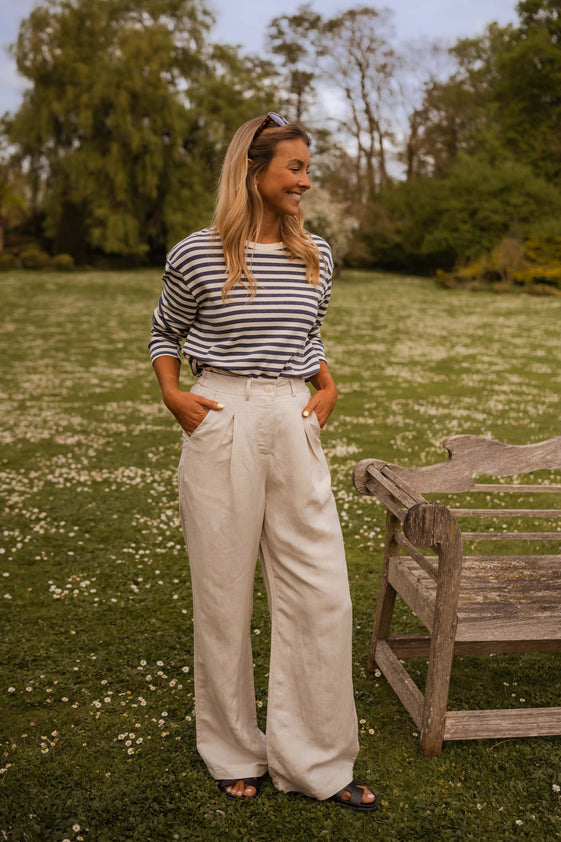 Beige Linen Fluid Trousers with Relaxed Fit, Side Pockets & Belt Loops Romuald Pants by EASY CLOTHES Size S Beige Linen Fluid Trousers with Relaxed Fit, Side Pockets & Belt Loops Romuald Pants by EASY CLOTHES Size S
