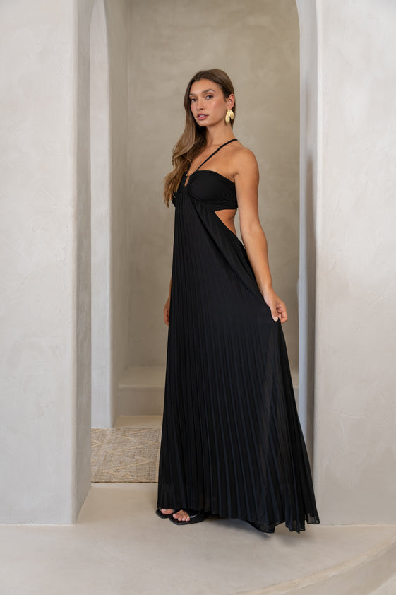 Black Pleated Maxi Dress with Adjustable Neckline Tie, Golden Bust Detail & Open Back – Amara Dress by EASY CLOTHES – One Size (Fits US 2, 4, 6, 8)