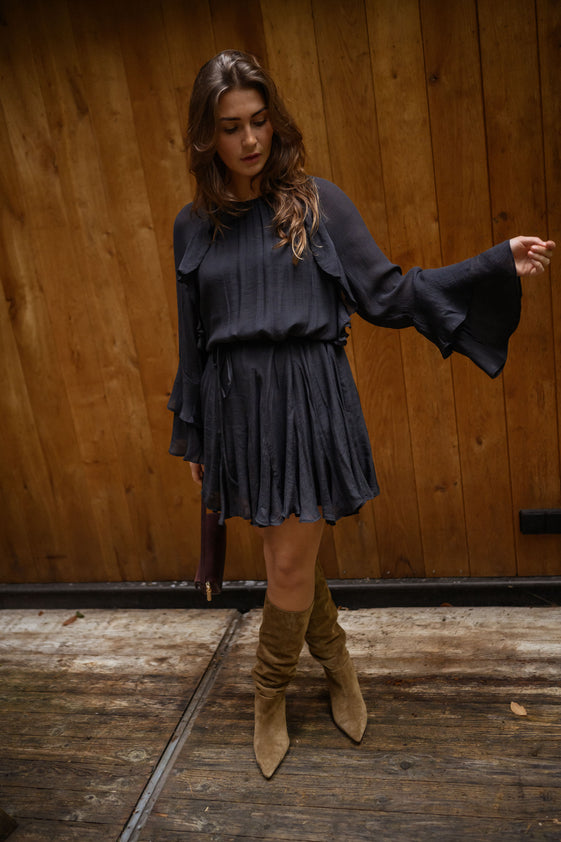Black Ruffled Dress with Long Flared Sleeves, Drawstring Waist & Flowing Silhouette – Audrina Dress by EASY CLOTHES – Size M-L