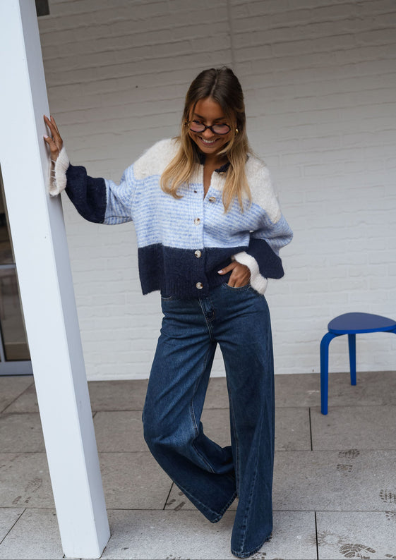 Blue Striped Cardigan with Balloon Sleeves & Full Button Front – Amren Cardigan by EASY CLOTHES – Size M-L